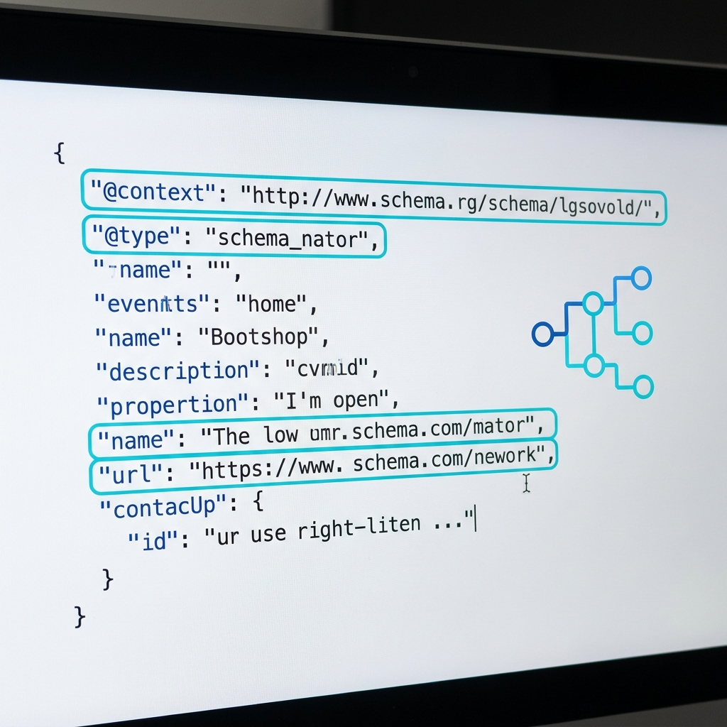 Illustration of a code editor containing a valid JSON LD snippet with highlighted @context @type and required fields in clean blue cyan tones for schema markup validation