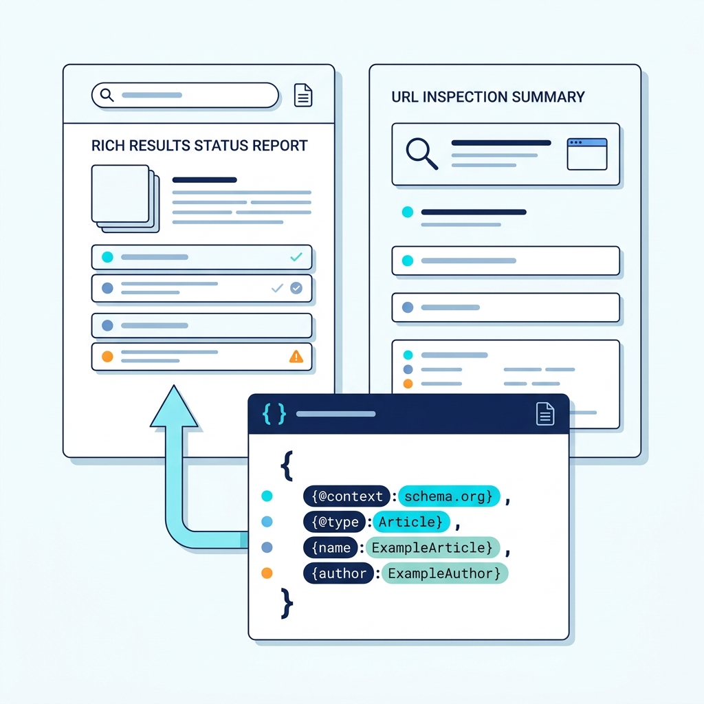 Minimal 2D vector search console mockup in blue cyan showing a rich results card and URL inspection card with a stylized JSON LD code panel representing schema markup validation