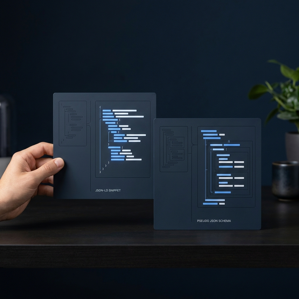 Close up editorial image of two minimalist panels showing conceptual JSON LD versus microdata schema comparison depicted as color coded code blocks on a midnight background with blue cyan accents