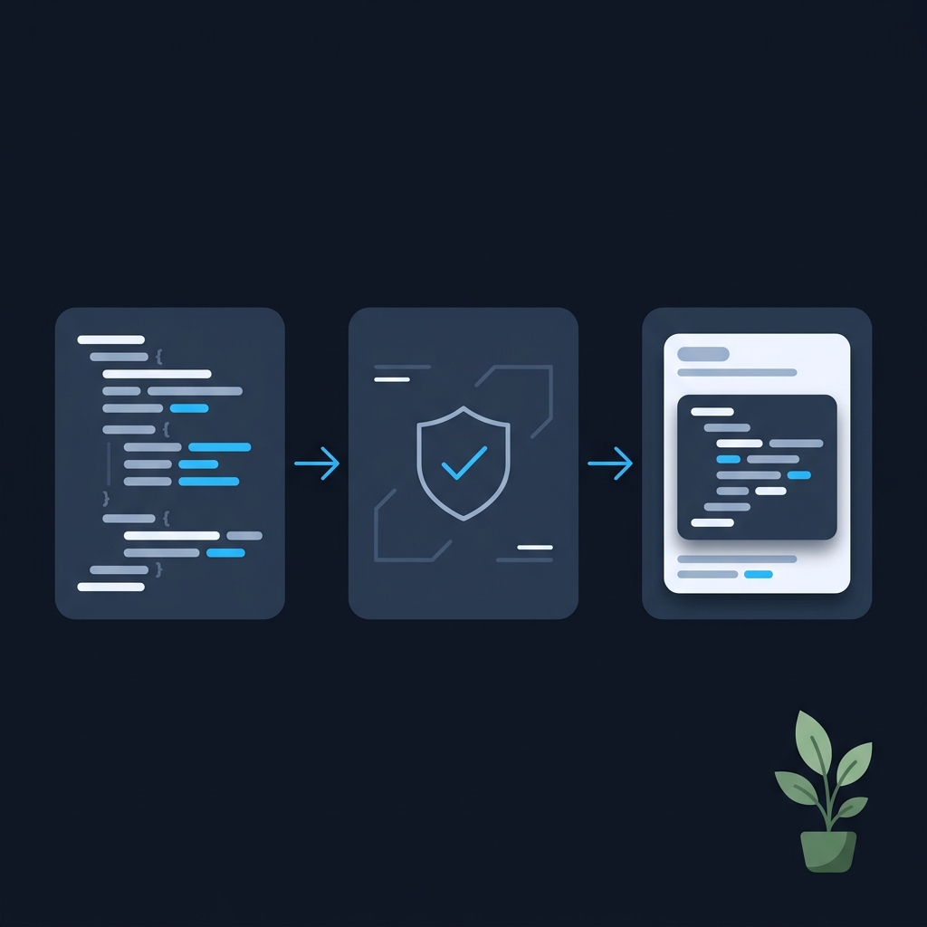 Minimal 2D vector flow diagram showing internal JSON validated by JSON Schema transformed into JSON LD embedded as application ld json on a web page illustrating JSON LD versus microdata schema no visible text labels