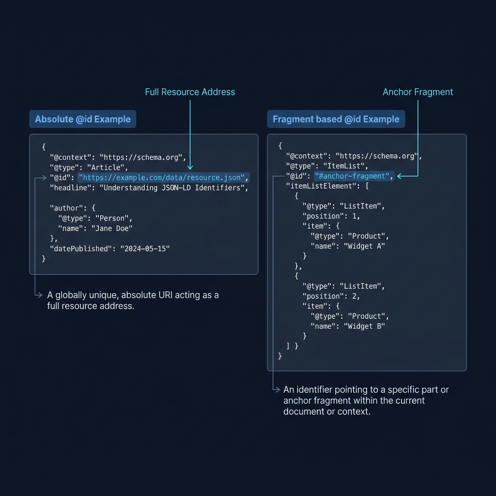 Close up of a JSON LD code block showing an absolute @id and a fragment based @id side by side with concise labels and short annotations on CheckMySchema brand colors schema markup id property