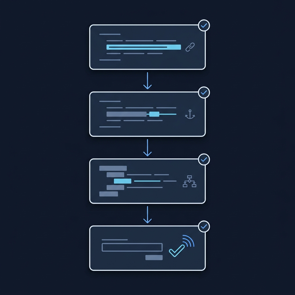 Minimalist 2D vector checklist diagram showing a decision flow for schema markup id property with four unlabeled slate panels and cyan connectors on a midnight background