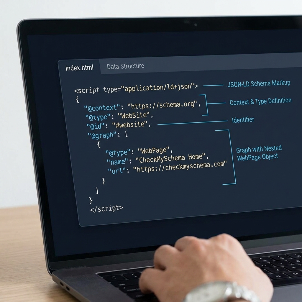 Close up code editor view showing a JSON LD snippet with @context @type @id and a small @graph array in CheckMySchema blue cyan palette on a dark midnight background illustrating schema markup id property