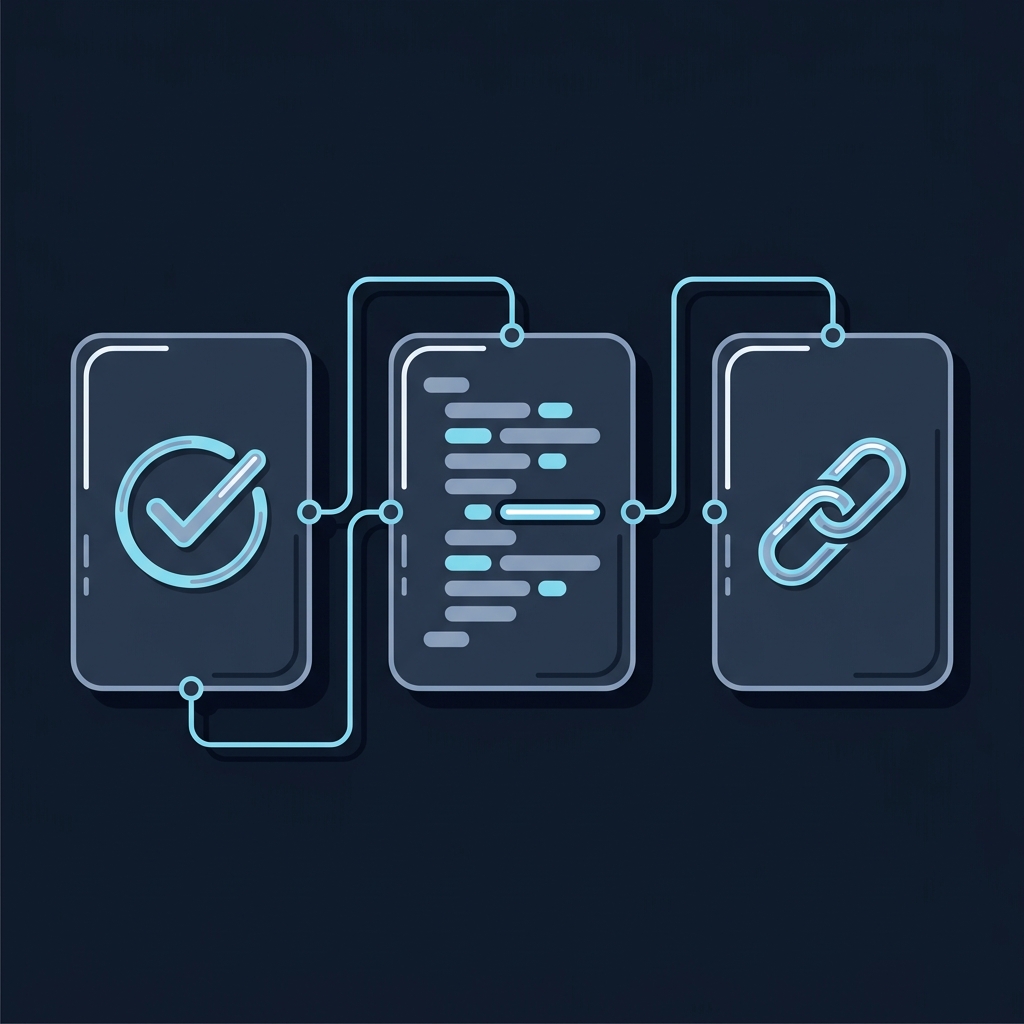 Minimalist 2D vector flow diagram for schema markup id property showing three connected slate panels with a validator check icon a stylized JSON code panel with horizontal bars and a stable id link icon on a midnight background