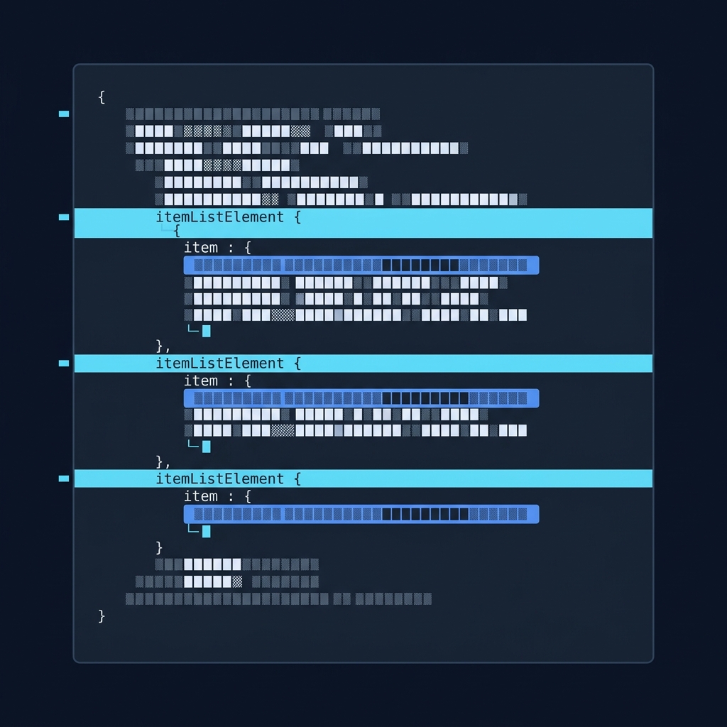 Conceptual close up of a JSON LD breadcrumb snippet as stacked slate panels with cyan highlights for itemListElement blocks and blue accents for item URLs on a midnight background breadcrumb structured data missing item