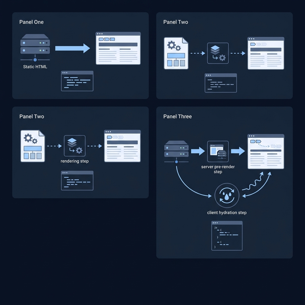 Minimalist 2D vector flowchart in three horizontal panels showing static HTML CMS template rendering and SPA with server side rendering and highlighted broken breadcrumb path where breadcrumb structured data missing item