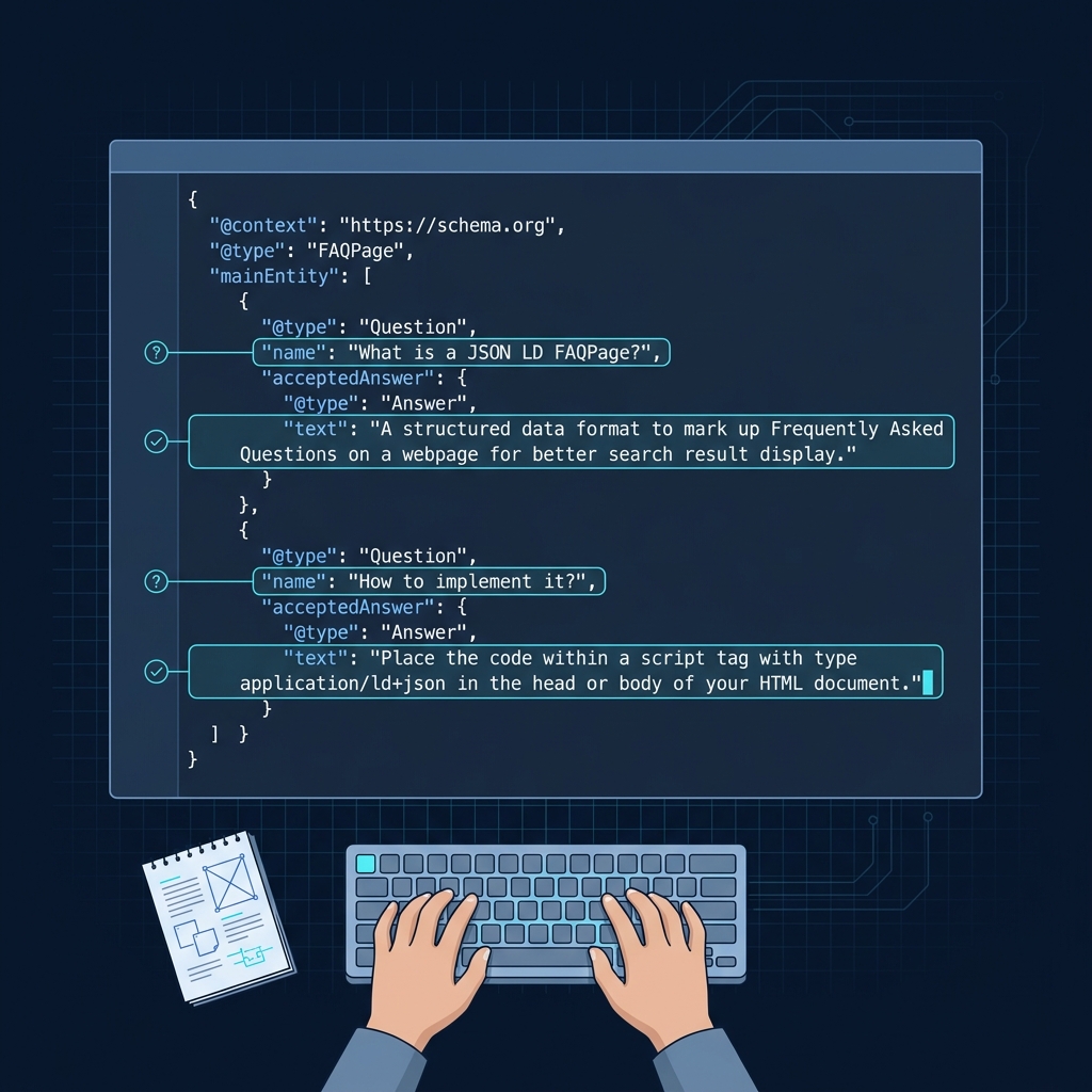 Full frame minimalist illustration of a code editor showing a JSON LD FAQPage snippet with highlighted question and answer lines and callouts breadcrumb structured data missing item