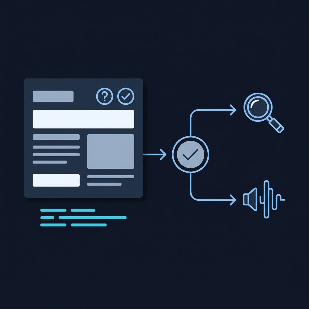Minimalist 2D vector flow diagram of a web page card with Q and A icons linked by cyan arrows to a Rich Results Test validator node and downstream consumers like internal search and voice assistant breadcrumb structured data missing item