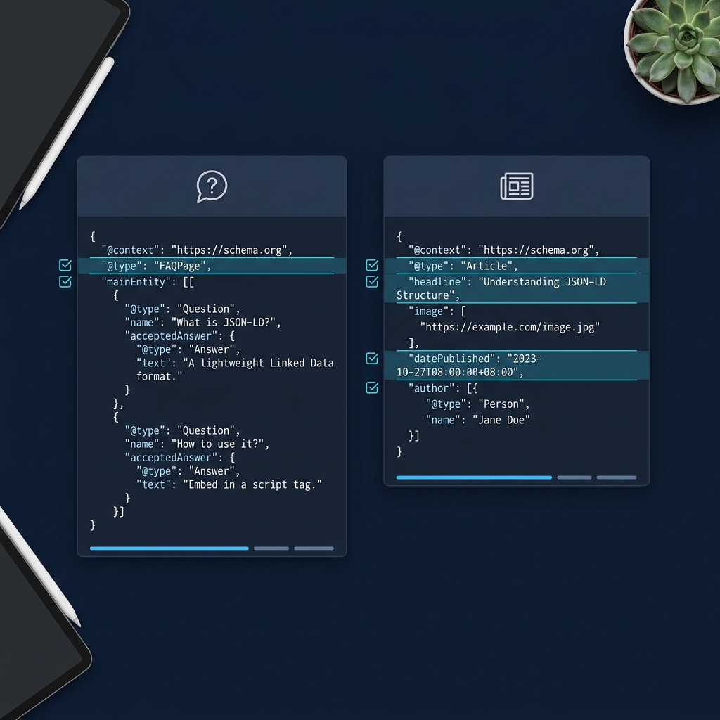 Minimalist full frame diagram of two side by side slate code panels on a midnight background left JSON LD FAQ right Article snippet blue cyan highlights mark required properties schema markup