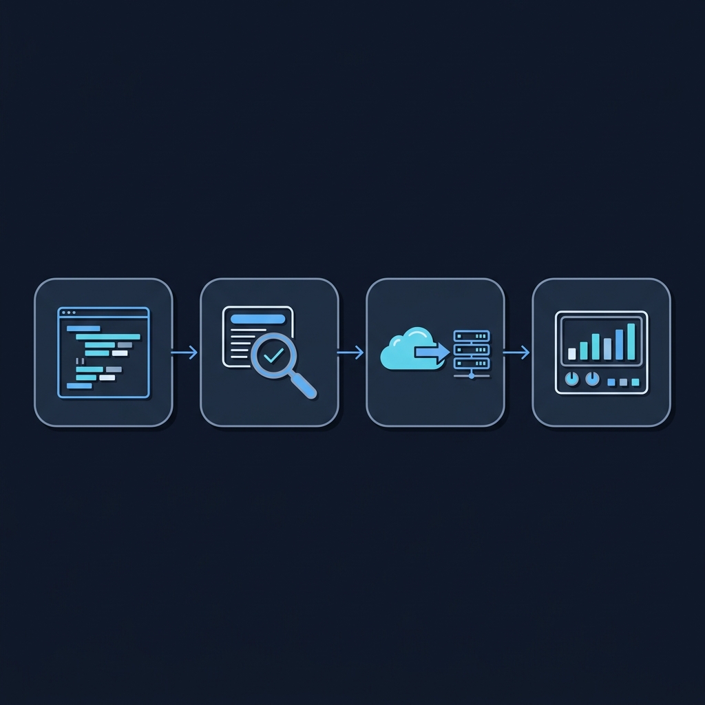 Minimalist 2D vector flow diagram showing four icon steps for schema markup validation author JSON LD test deploy to staging monitor Search Console on midnight background with slate panels and blue cyan accents