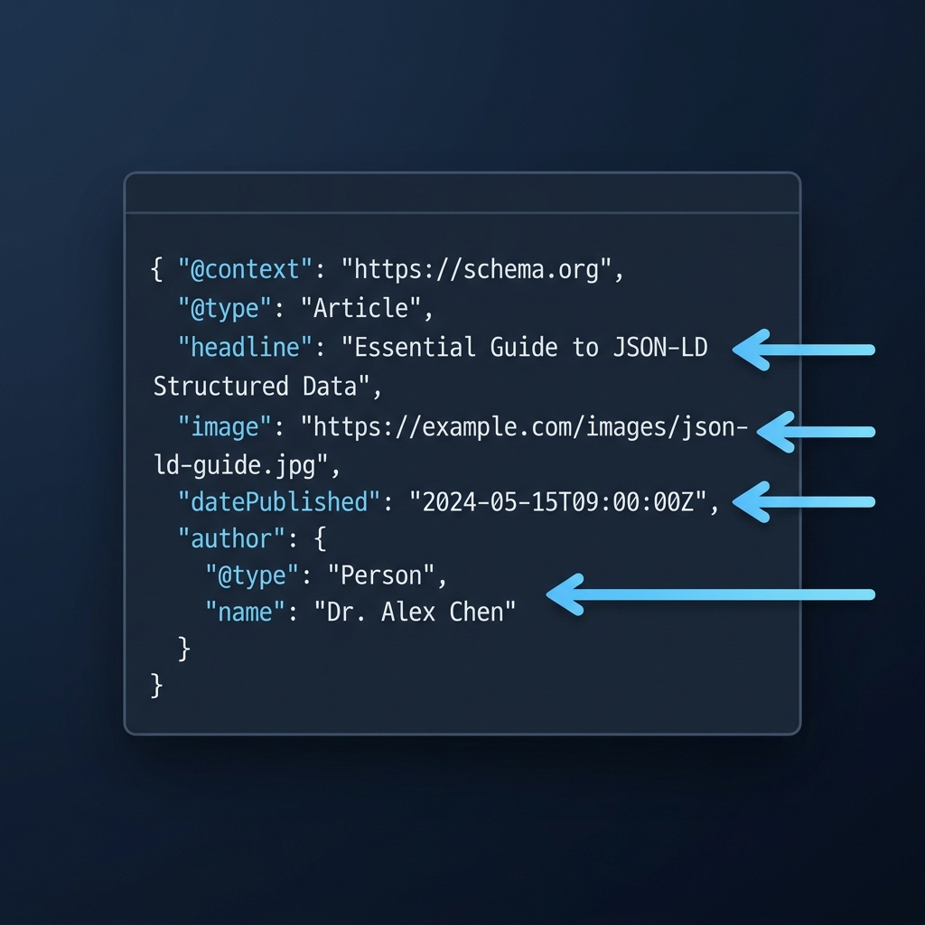 Close up full frame diagram of a compact JSON LD structured data snippet on a midnight background with a slate code panel and blue cyan arrows highlighting headline image datePublished and author fields