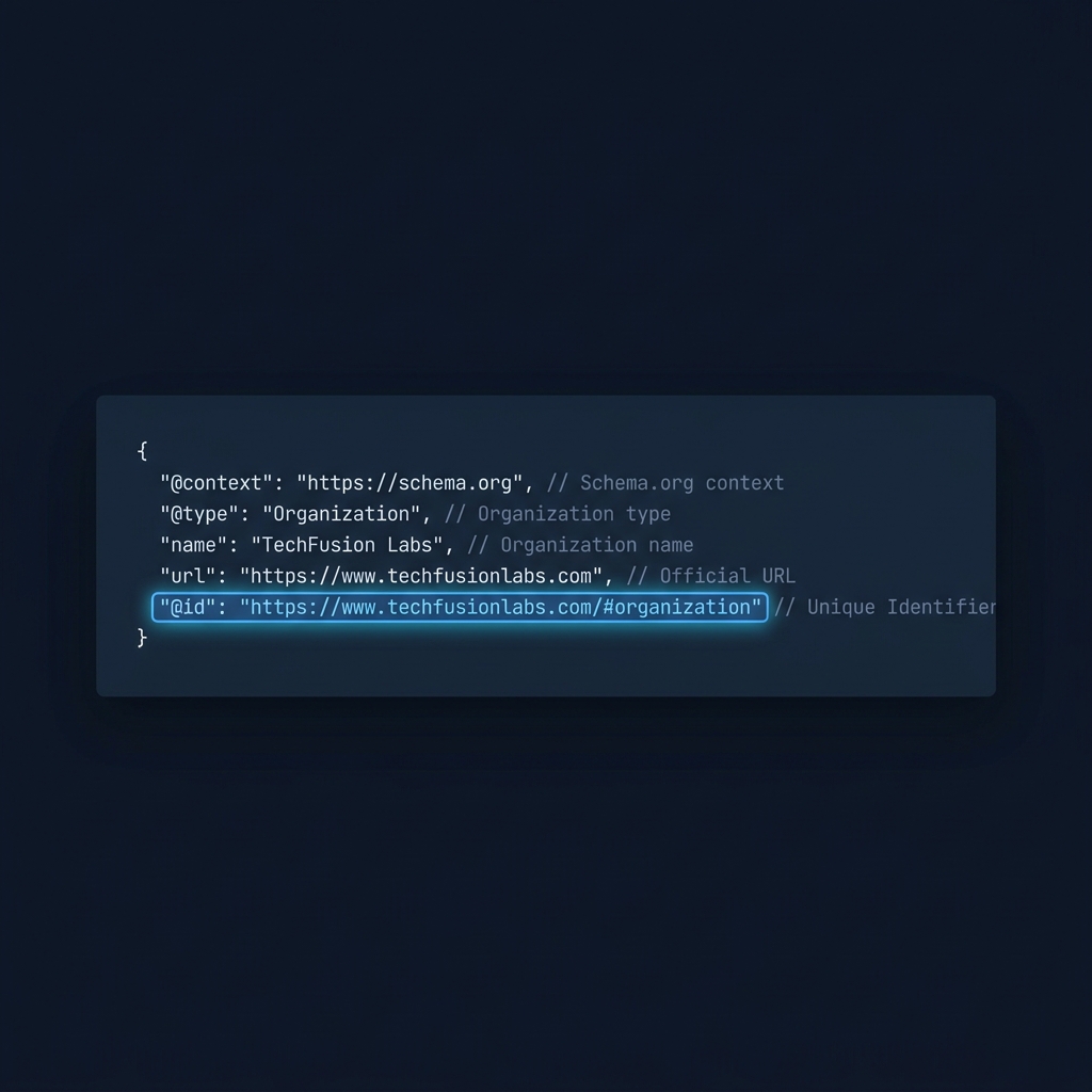 Minimal code panel showing a short JSON-LD Organization example with schema org id highlighted in cyan and small inline annotations on a midnight background
