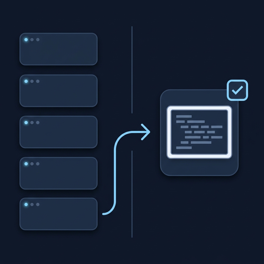Minimalist 2D vector diagram showing stacked legacy URL cards on the left, a cyan redirect arrow to a canonical entity card on the right with a verification checkbox, on a midnight background brand palette schema org id