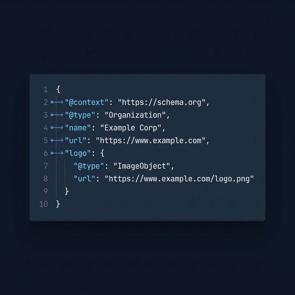 Full-frame close-up of a cyan blue code block on a midnight background showing a JSON-LD organization schema markup snippet with name url and logo highlighted and subtle annotation markers