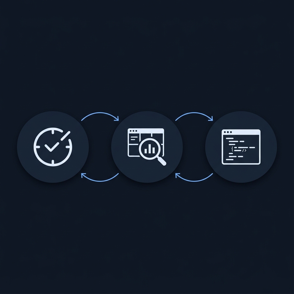 Minimalist 2D vector flow diagram showing Rich Results Test icon and Google Search Console icon feeding into a developer workflow code panel with arrows in a CheckMySchema color palette organization schema markup