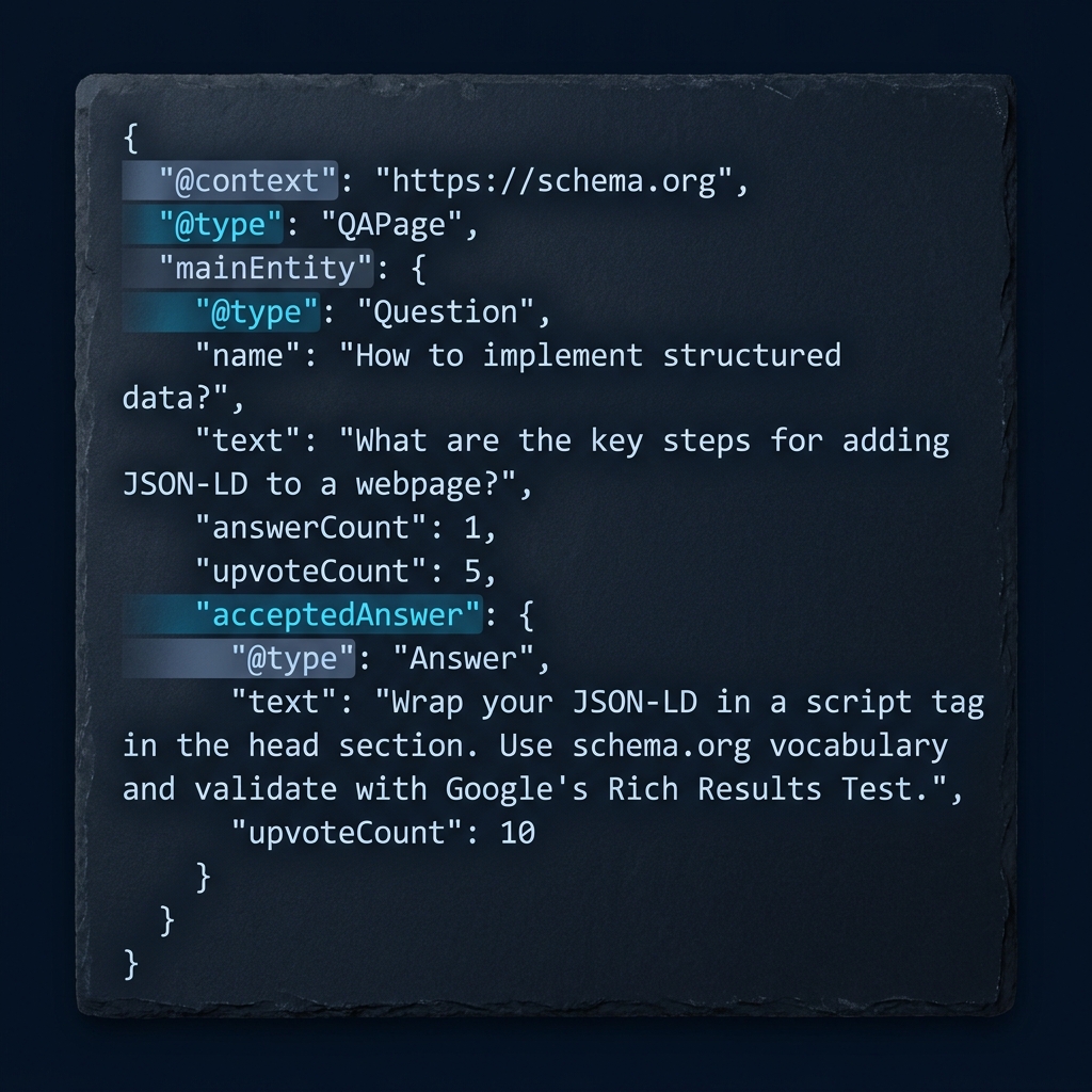 Close up of a JSON LD code snippet on a midnight background with keys @context @type mainEntity and acceptedAnswer highlighted in cyan and blue accent colors illustrating FAQ schema markup