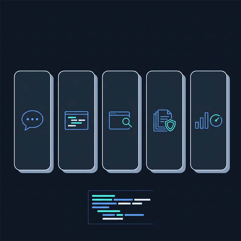 Minimalist 2D vector checklist of five unlabeled slate panels on a midnight background displaying icons for author qa code snippet JSON LD browser test validator and search console monitor concept for FAQ schema markup