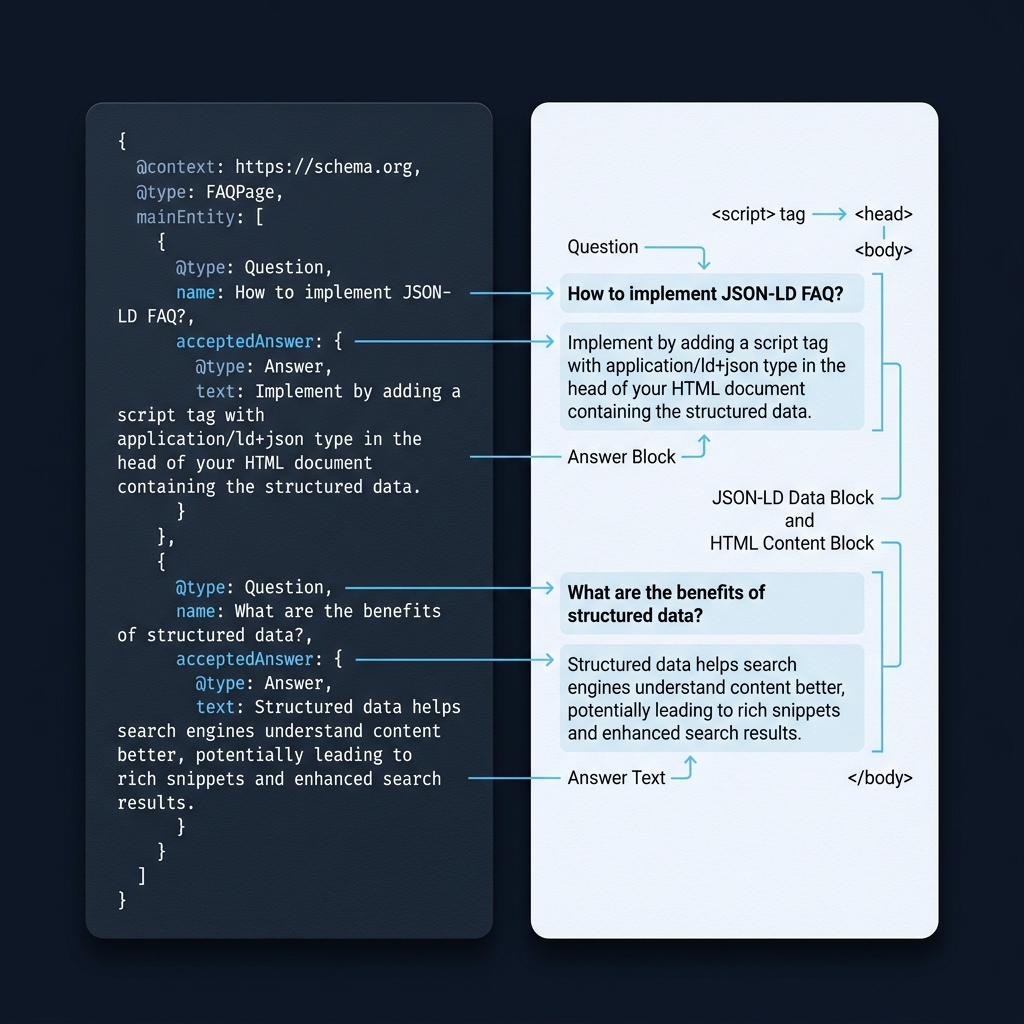 Closeup editorial diagram of a JSON LD FAQ snippet beside a rendered HTML question and answer card on a midnight background highlighting name and acceptedAnswer fields for FAQ schema markup