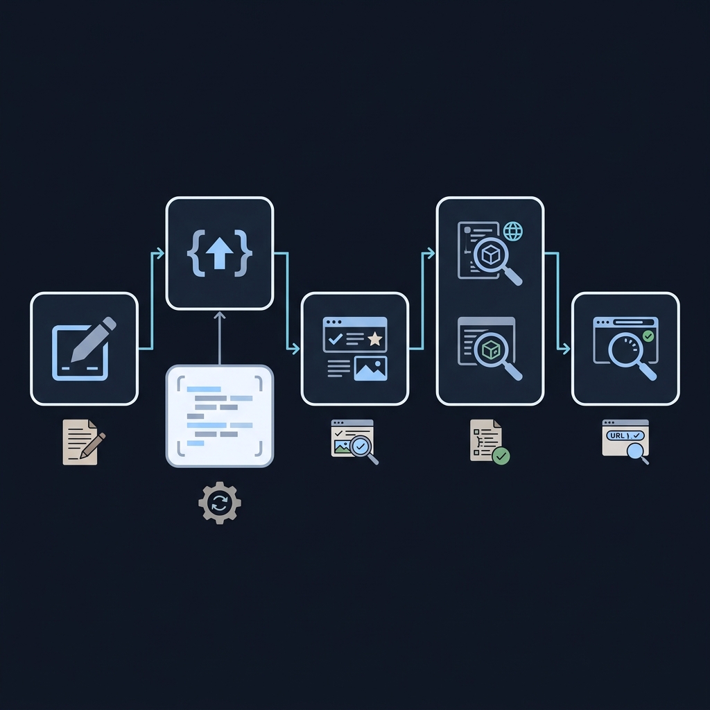 Minimalist 2D vector flow diagram illustrating FAQ schema markup workflow with five icon panels for content edit json ld update rich results test schema validator and url inspection on a midnight background